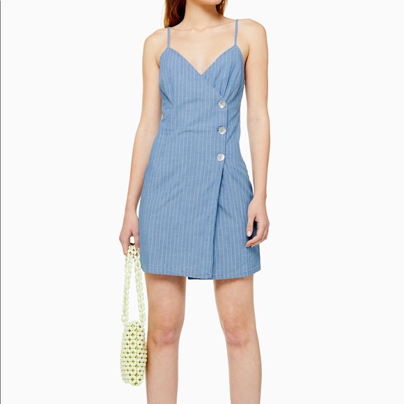 TOPSHOP Chambray Denim Stripe Opal Wrap Tank Dress - Picture 2 of 10
